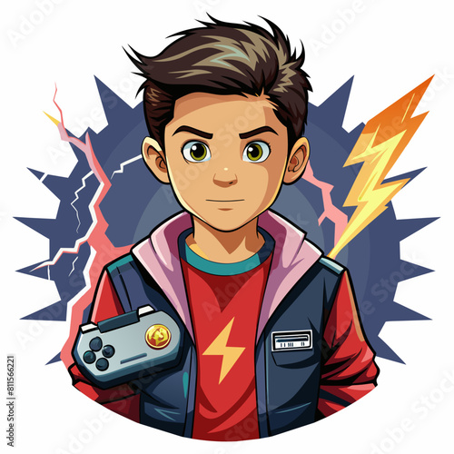 boy with game controller realistic image, retro style, dark background with lightning strike with white background