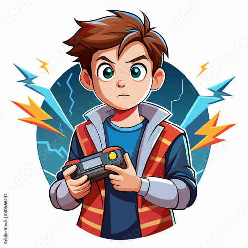 boy with game controller realistic image, retro style, dark background with lightning strike with white background