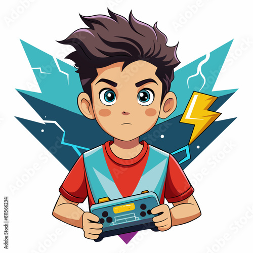 boy with game controller realistic image, retro style, dark background with lightning strike with white background