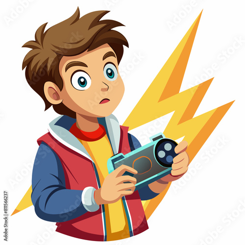 boy with game controller realistic image, retro style, dark background with lightning strike with white background