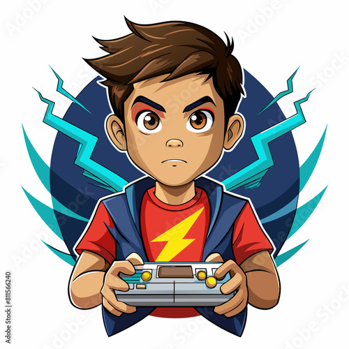 boy with game controller realistic image, retro style, dark background with lightning strike with white background