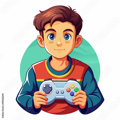 boy with game controller realistic image, retro style, dark background, 
copy space