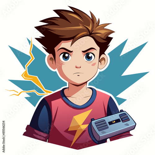 boy with game controller realistic image, retro style, dark background with lightning strike with white background