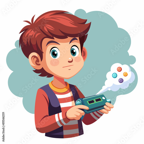 boy with game controller realistic image, retro style, dark background, 
copy space