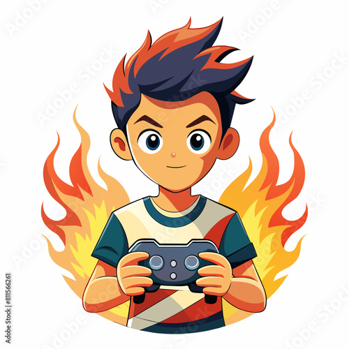 boy with game controller realistic image, retro style, dark background with flames, 
copy space