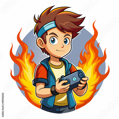 boy with game controller realistic image, retro style, dark background with flames, 
copy space
