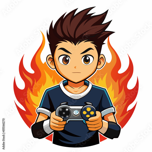 boy with game controller realistic image, retro style, dark background with flames, 
copy space