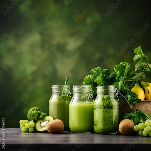 Green smoothies in glass jars with ingredients on white marble table 