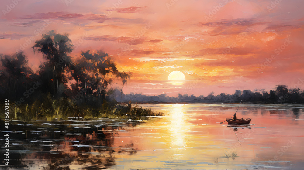 Riverside in sunset background poster decorative painting 