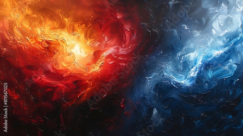 A dramatic oil painting of the US flag  with fiery red and deep blue swirls clashing over a stark white canvas  symbolizing conflict and unity.