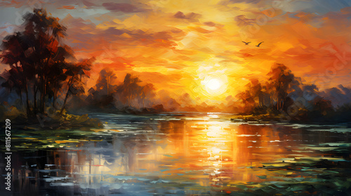 Riverside in sunset background poster decorative painting  © Wu