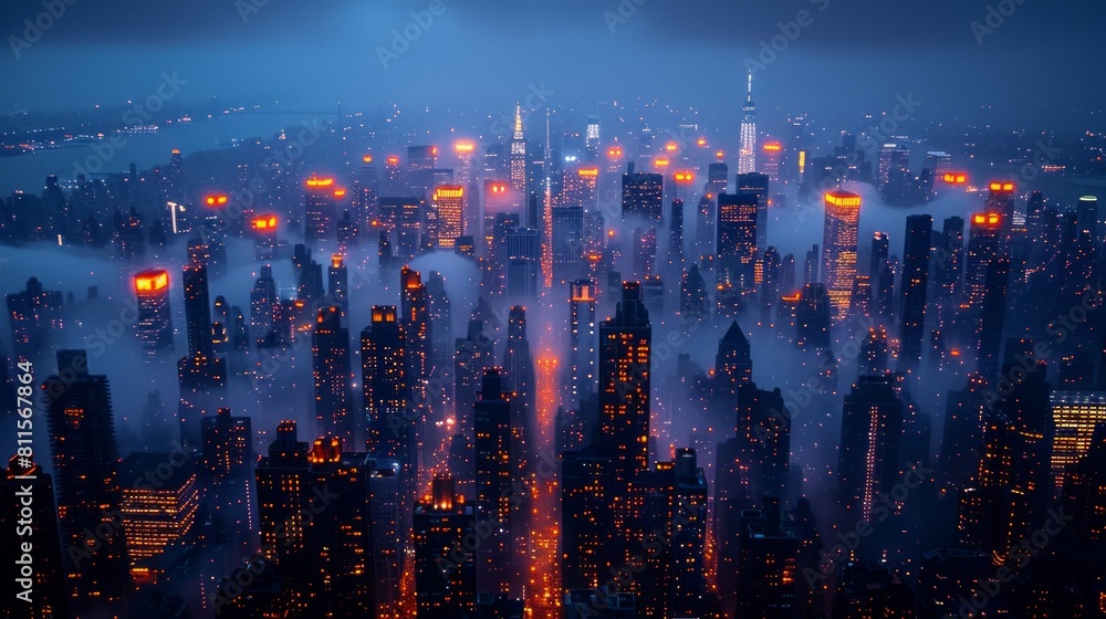 Fototapeta premium Cityscape engulfed in fog with glowing red lights