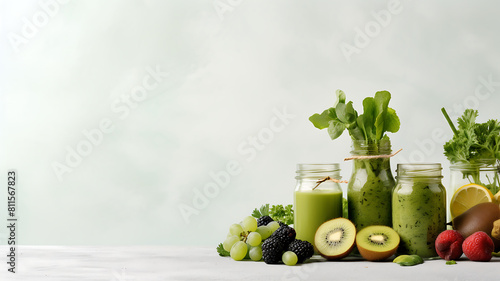 Healthy green smoothie in glass jars with ingredients on dark background