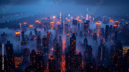 Cityscape engulfed in fog with glowing red lights