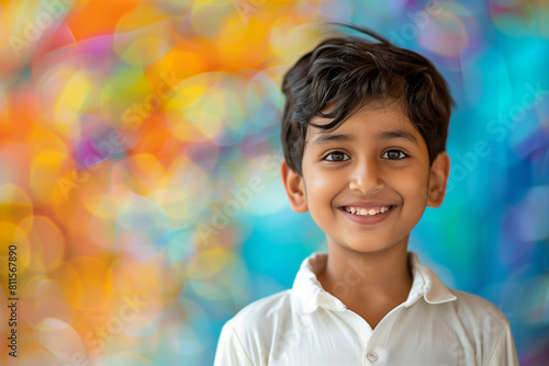 Portrait happy Indian school kid in classroom