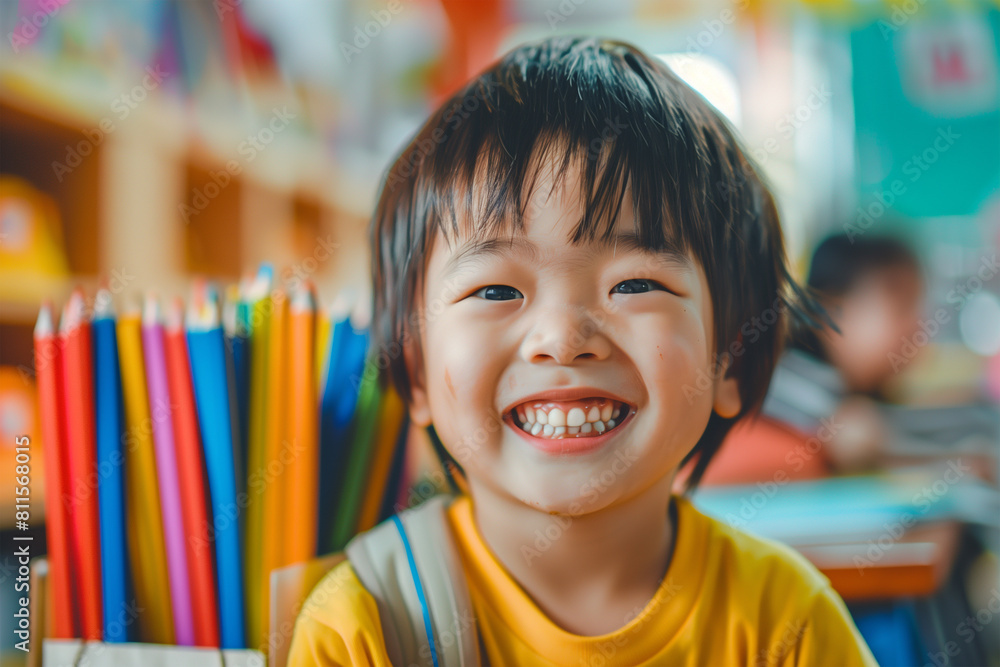 portrait happy school kid in classroom portrait happy school kid in classroom