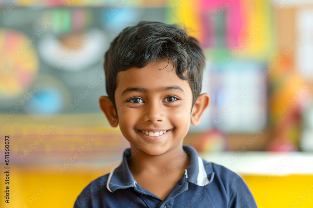Portrait happy Indian school kid in classroom Portrait happy Indian school kid in classroom