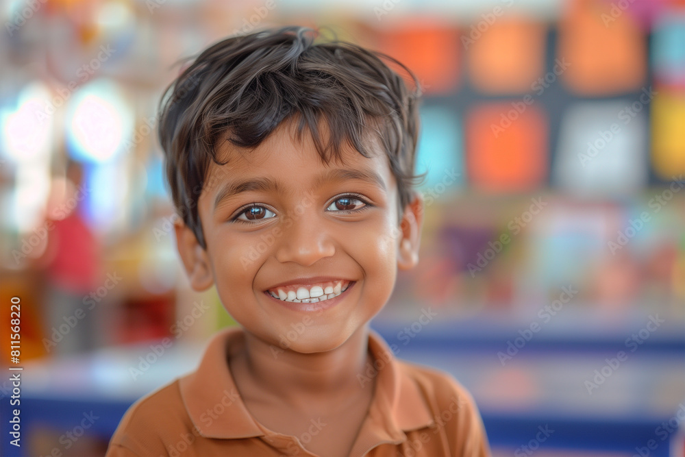 Portrait happy Indian school kid in classroom