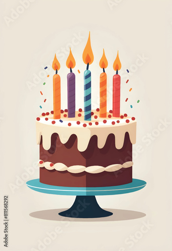 a birthday cake with candles and sprinkles on a stand