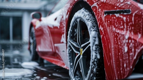 Red Sportscar's Wheels Covered in Shampoo Being Rubbed by a Soft Sponge at a Stylish Dealership Car Wash, Performance Vehicle Being Washed in a Detailing Studio © Khalif