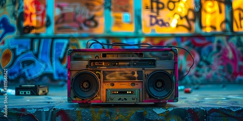 1980s boombox in graffiticovered room vintage design cassette tape player. Concept Retro 80s Vibes, Graffiti Wall, Boombox, Vintage Style, Cassette Tapes