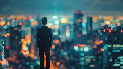 Rear view of young businessman standing on big bar chart and looking at blurry cityscape  Concept of stock market and investment  soft light photography
