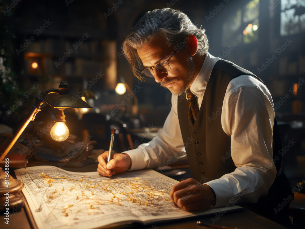 A focused scholarly man reviews an extensive map with a lamp illuminating his work area. Generative AI