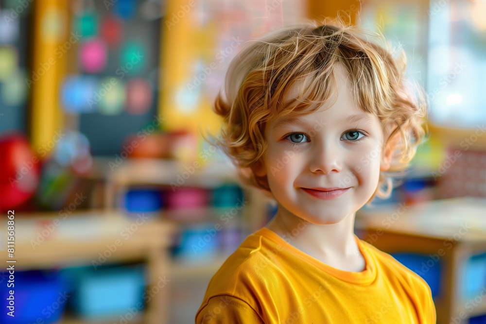 portrait happy school kid in classroom portrait happy school kid in classroom
