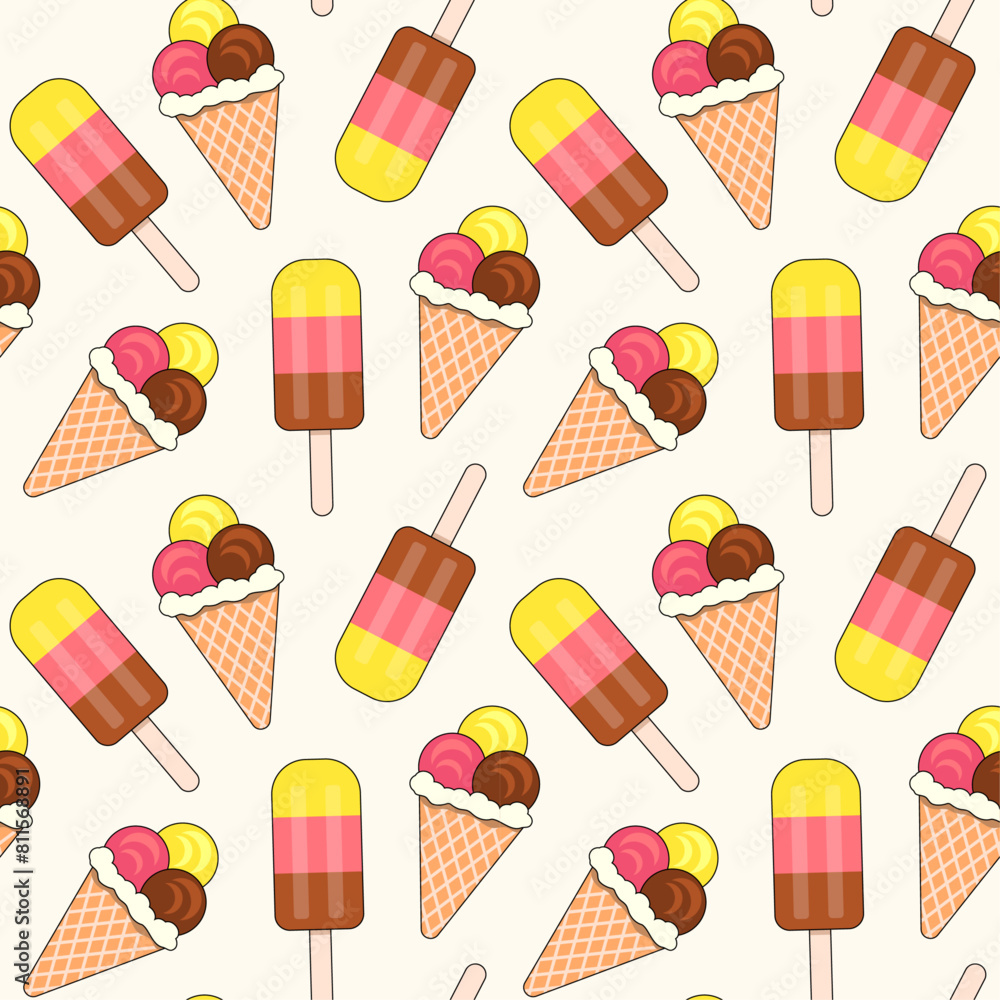 Ice cream cone and popsicle seamless vector pattern, colorful summer background, textile print, decorative wallpaper, packaging. Ice cream cone and popsicle seamless vector pattern, colorful summer background, textile print, decorative wallpaper, packaging.
