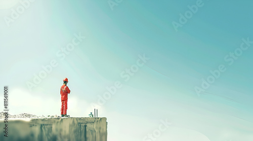 a worker standing on the edge of building derrick oilfield extraction under the blue sky background