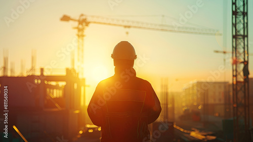 Background of a worker inspecting a project at a construction site Building Site at Sunset background
