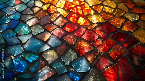 A glass mosaic of the US flag, with pieces of red, white, and blue glass arranged beautifully against a light-filled backdrop, casting colorful shadows. photo