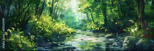 tropical rainforest stream flowing through lush greenery  with a lone tree standing tall in the foreground