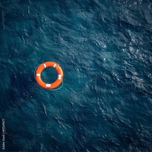 a lifebuoy floating in the middle of the ocean, the image is taken from the air, in an overhead shot
