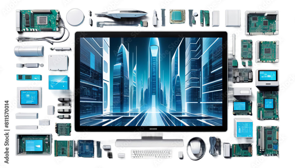 Naklejka premium digital illustration architecture view computer connection futuristic screen sustainable technology innovation visualisation datum design future construction connectivity information urban