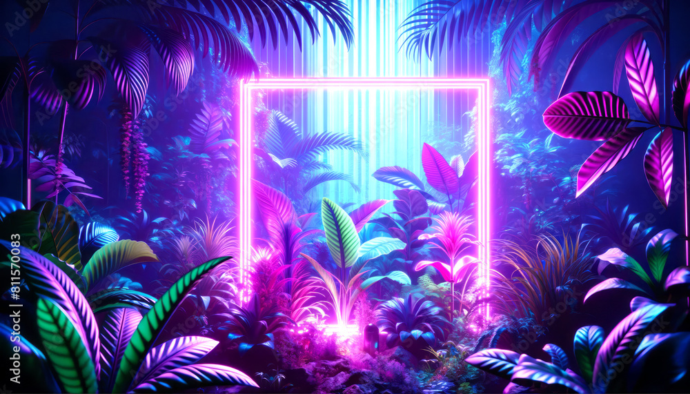 Neon-lit tropical plants with a glowing frame, digital art, vibrant botanical background, concept of futuristic nature. Generative AI Neon-lit tropical plants with a glowing frame, digital art, vibrant botanical background, concept of futuristic nature. Generative AI