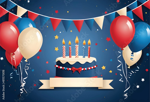 a birthday cake with candles, balloons, stars, birthday decoration and a empty banner 