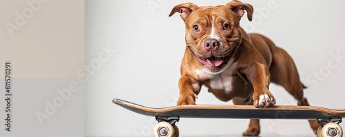 A dynamic dog on a skateboard