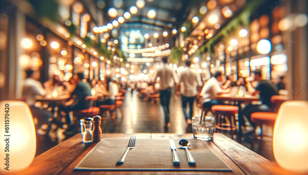 A warmly lit restaurant interior with a blurred background of people dining, evoking a cozy atmosphere. Generative AI