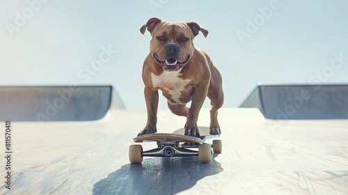 A vibrant depiction of a dog on a skateboard