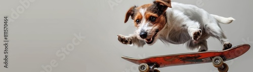 A whimsical scene of a dog performing tricks on a skateboard