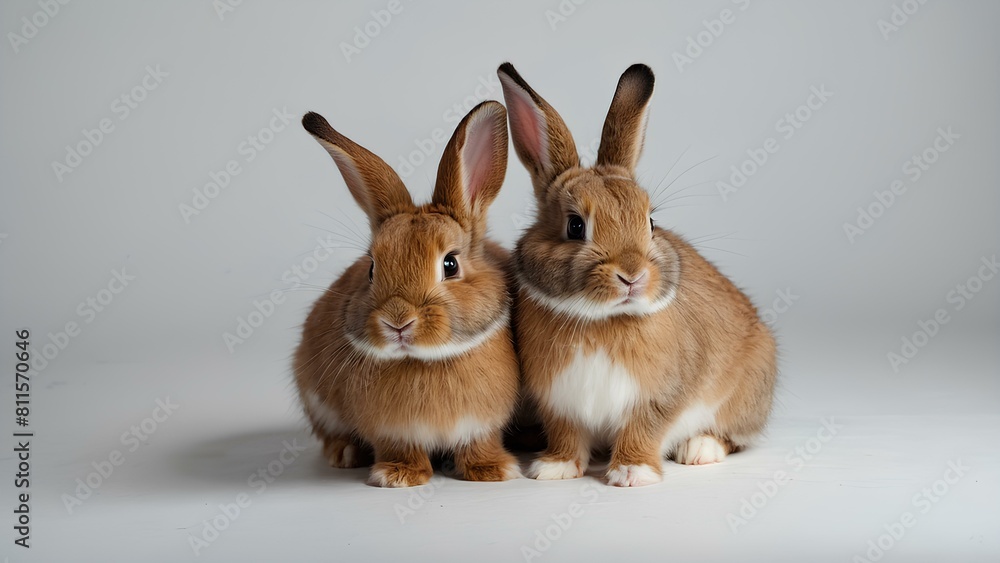 Fluffy cure rabbits. 2 Rabbits next to each other in white background. free blank space Fluffy cure rabbits. 2 Rabbits next to each other in white background. free blank space