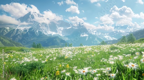 Idyllic mountain landscape in the Alps with blooming meadows in summer springtime hyper realistic 