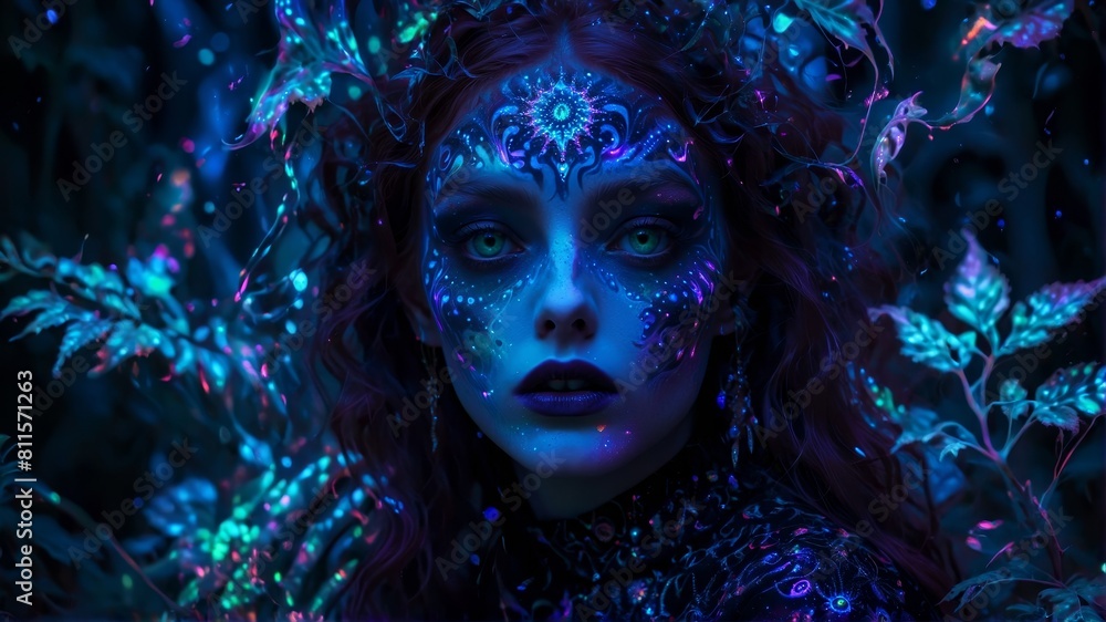 A mystical woman with glowing blue skin and ethereal headdress emerges from a lush, enchanted forest.