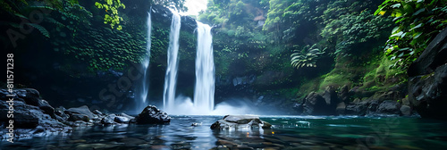 volcanic waterfalls cascading over large gray rocks in a serene natural setting