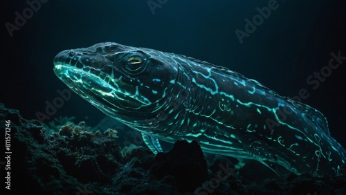 A glowing green fish swims in the deep blue sea.