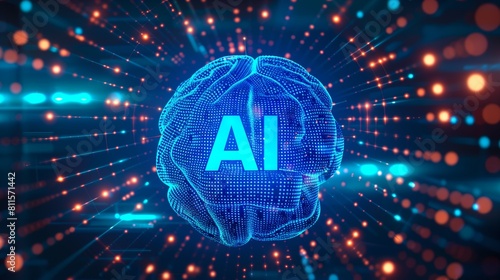 Blue and orange glowing AI brain on dark background. photo