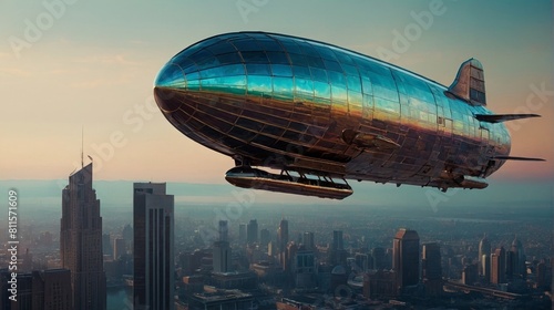 Large airship flies over the city.