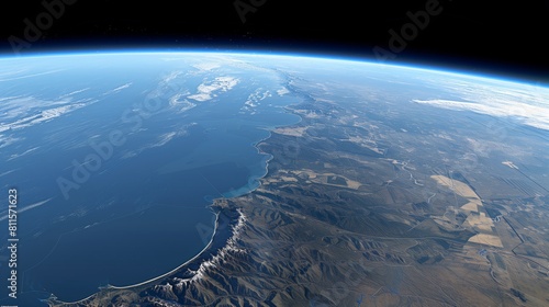 perspective view of Earth from space. Blue Planet. Outer Space.