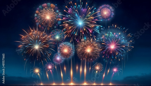 Vibrant fireworks display against a night sky, celebrating a festive occasion. Generative AI